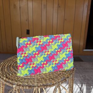 Naghedi St Barths Small Zip Bag Pouch Modena Woven Bright Neon Neoprene Pink